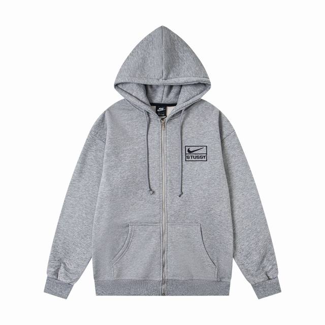 Xy8906# 重磅高品质 区别市场通货 斯图西 Nike X Stussy Logo刺绣开衫全拉链抽绳连帽外套卫衣 男女同款 颜色：黑色 灰色 尺码：S M