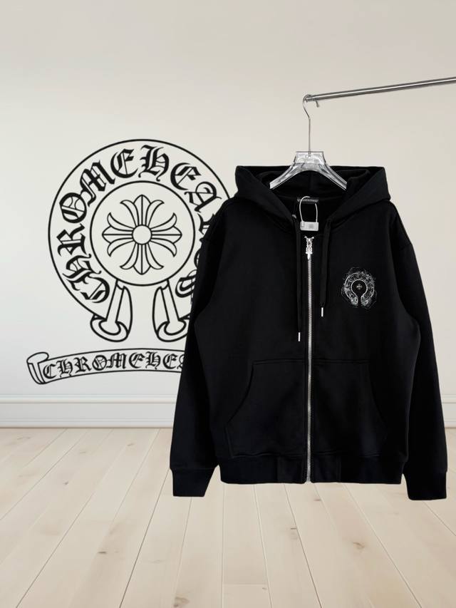 高品质]Chrome Hearts 克罗心 刺绣马蹄铆钉+水印字母连帽开胸卫衣 *客供定制420克毛毛圈全棉面料，面料柔软，亲肤舒适 *刺绣工艺：前幅马蹄印花+