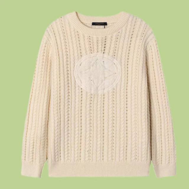 高版本］Louis Vuitton 路易威登 绞花针织标识毛织圆领。 面料：采用棉羊毛混纺面料，面料成份带有%25羊仔毛，75%棉。 工艺：进口毛织正7针机器织