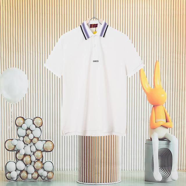 Gucci 古驰 新款条纹翻领胸口微标刺绣Logo撞色领Polo衫 高版本原版面料 原版订制辅料 官方同款 区别通货 采用230克纯棉珠地面料,定制 同缸染面料