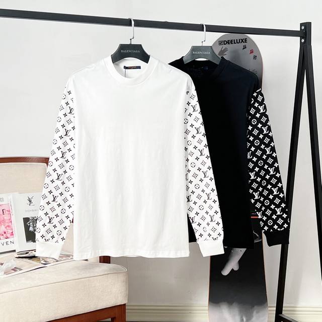 路易威登 Lv 老花Logo印花长袖T恤 采用高密度弹力胶浆印花，印花效果通过计算机测色、喷印多方位测试后生产。印花效果轻薄无胶感，图案还原精细度高，表观色深度