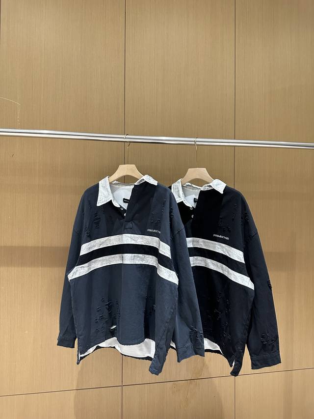 Grailz Learl Gr23Ss做旧破坏Polo长袖Os双层衬衫领卫衣外套 款号：G683 码数：1码 2码 3码 颜色：深蓝色 黑色 简单介绍一下这件长