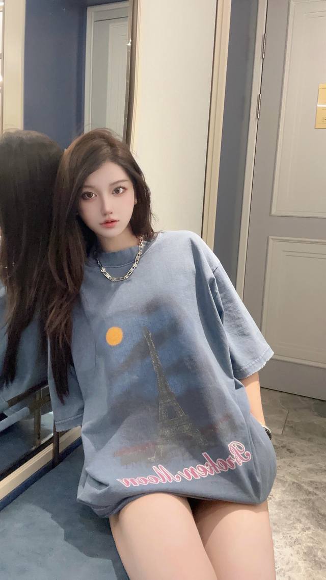 618福利款 巴黎水洗铁塔短袖T恤 特 水洗蓝 齐 粉色L 少量库存 批完下架