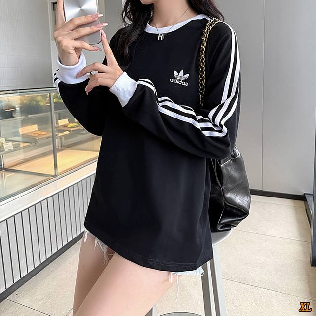 三叶草 独家实拍上新秋季高品质三条杠卫衣285克双纱纯棉圆领卫衣 S--3Xl 黑色 白色 深蓝色 雾霾蓝色 玫瑰花色，本季主打，货源充足，放心主推，高端品质，