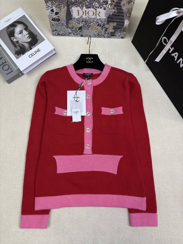 Chane*25K秋冬新款针织圆领半开衫 高级两色拼接 两口袋装饰Yb开模字母Logo纽扣点缀 高级时髦轻奢名媛风 尺码Sml