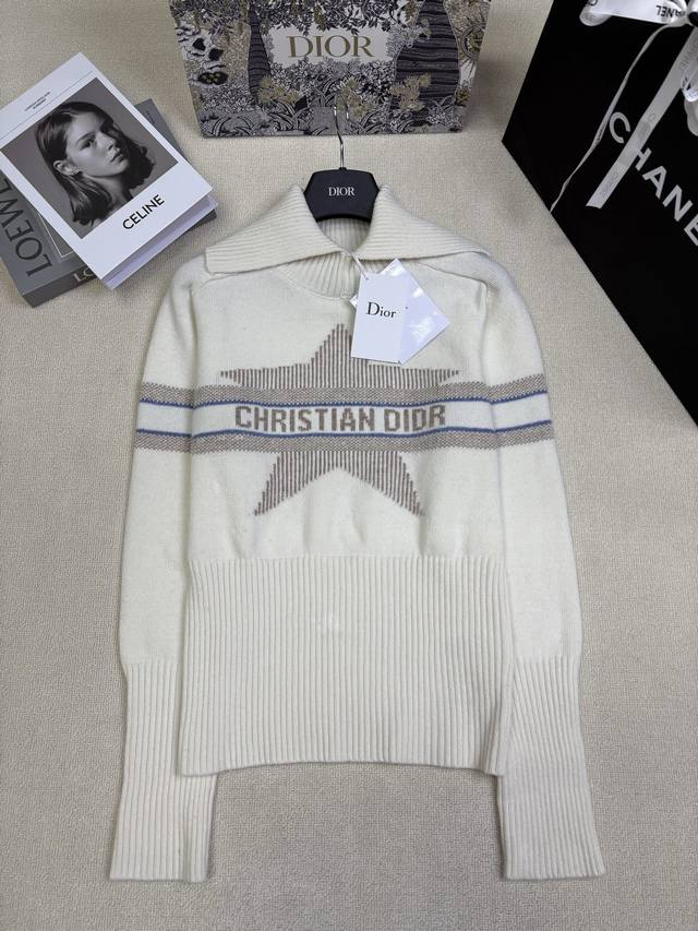 Dio*25滑雪系列翻领针织套头 烫金星星撞色蓝白提花字母设计 修身版型甜酷时髦 尺码Sml