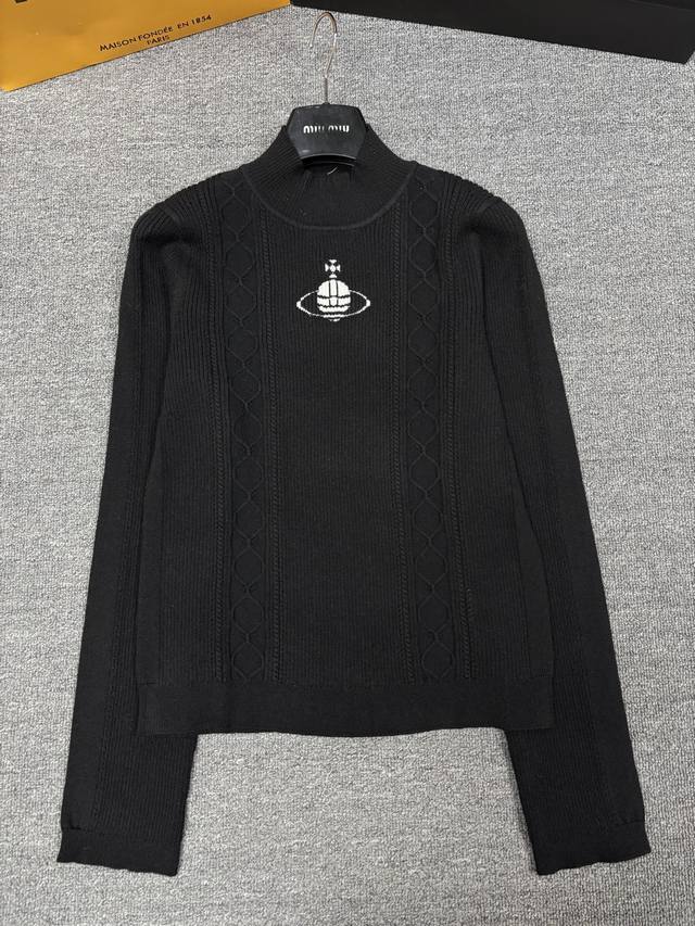 Vivienne Westwoo*25早秋新款针织高领套头 立体坑条纽绳 经典品牌撞色提花装饰 简约时髦修身显瘦 尺码Sml