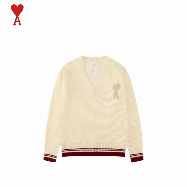 Ami24Fw下摆红边爱心字母V领针织毛衣 正确定制 新款纽扣 区别市面看图说话商家 注意！！胸前章仔区别市场 前幅后压成衣 舒适不扎人 区别市场直接刺绣版本