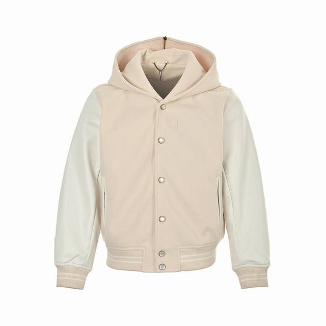 Louis Vuitton 路易威登 24Fw 航海系列珍珠刺绣海螺连帽棒球服外套 毛驴本款棒球夹克融合轻盈绵羊毛衣身和牛皮革衣袖，其航海风格衣领可通过拉链化身