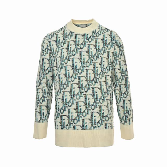Dior 迪奥 经典老花提花圆领毛衣 纱线采用定染米色，蓝色，棕色，黄色纱线 进口7针提花工艺纱线诠释经典的Oblique提花印花 螺纹领口，袖口和下摆 原版主