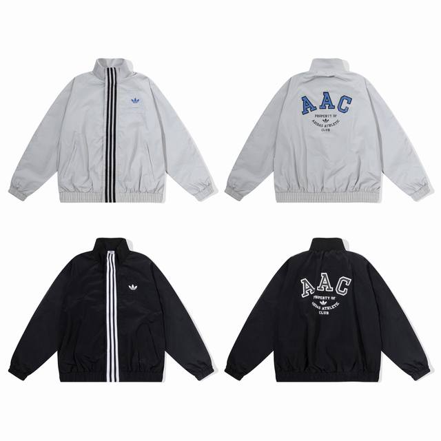 款号263， Adidas 复古运动风夹克 宝子们，Adidas 这款夹克太会了！浅灰、酷黑两种颜色，都是百搭王～经典三道杠侧边加持，运动感直接拉满。后背“Aa