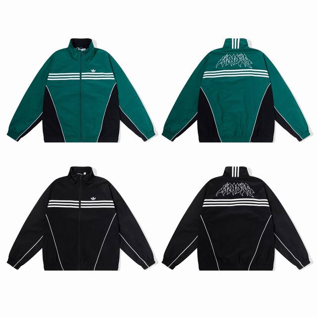 款号261， Adidas 个性复古夹克 宝子们！Adidas 这款夹克简直是“潮流显眼包”～复古绿、酷黑两色，妥妥拿捏风格！后背超有张力的字母印花，像从摇滚现