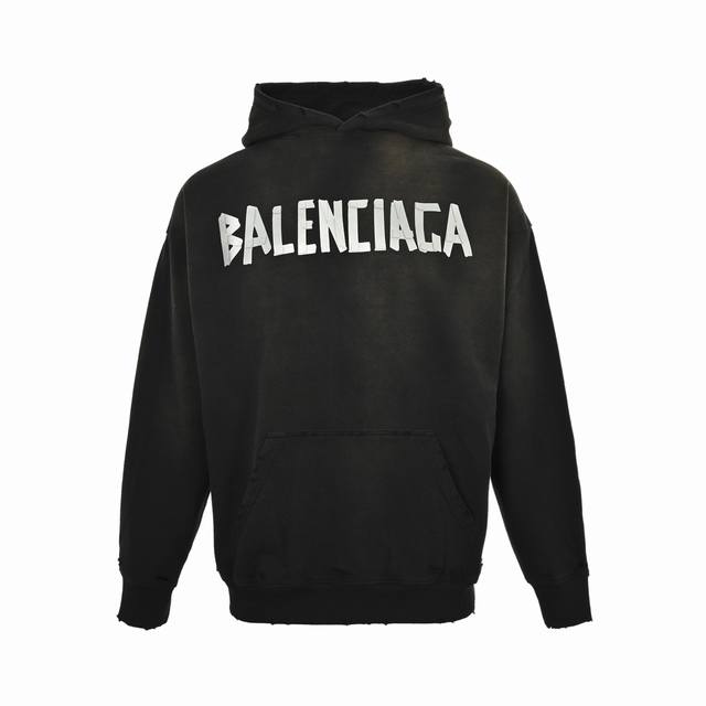 Balenciaga 巴黎世家 25Fw 立体胶带压胶水洗破洞连帽卫衣 正确420G定织定染牛肚面料 进口环保材料厚板压胶 牢固不脱落 进口Logo字母立体 饱