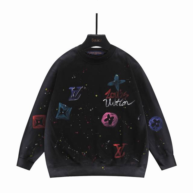 实拍细节图+尺码表 Louis Vuitton 路易 脏脏图案手绘工艺情侣款圆领卫衣 原版面料 数码直喷印花工艺 网红明星同款 面料采用 G双股大毛圈面料 手感