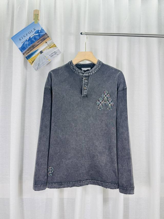 Ch高版本克罗心Chrome Hearts 2025秋冬新款十字贴布水洗喷马溜彩缵长袖T恤，面料：26支双纱 320克重，安格拉红彩线织围，重洗水炒色+喷马溜