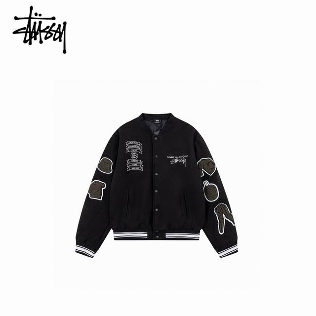 Stussy 斯图西 25Sscdg联名款40周年袖章刺绣夹克 -面料采用毛呢混纺手感是非常不错的区别市场通货双袖采用仿真皮虽然没有用按照原版使用真牛皮但是这款