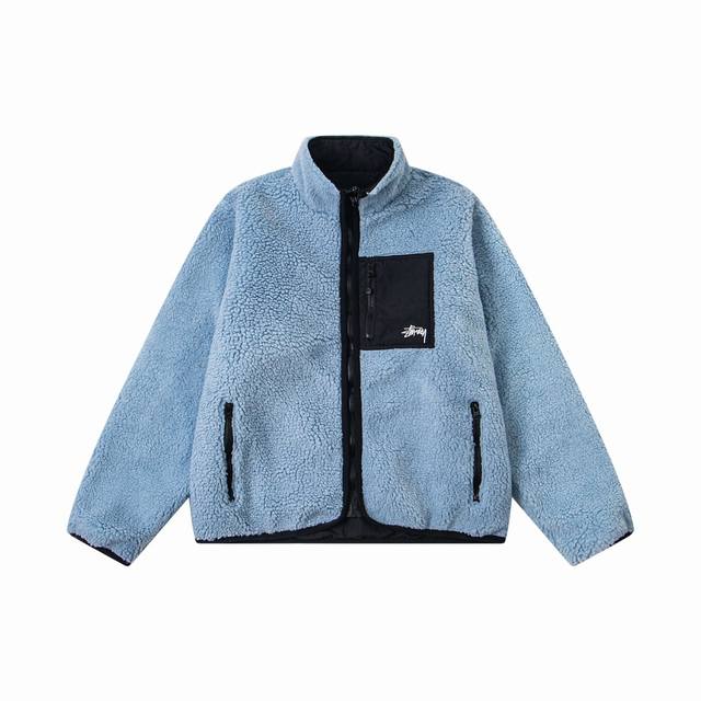 款号307# 现货发售 Stussy 斯图西 Fw24 Sherpa Reversible Jacket 双面穿贴袋拉链立领美式复古夹克外套 男女同款 颜色：蓝