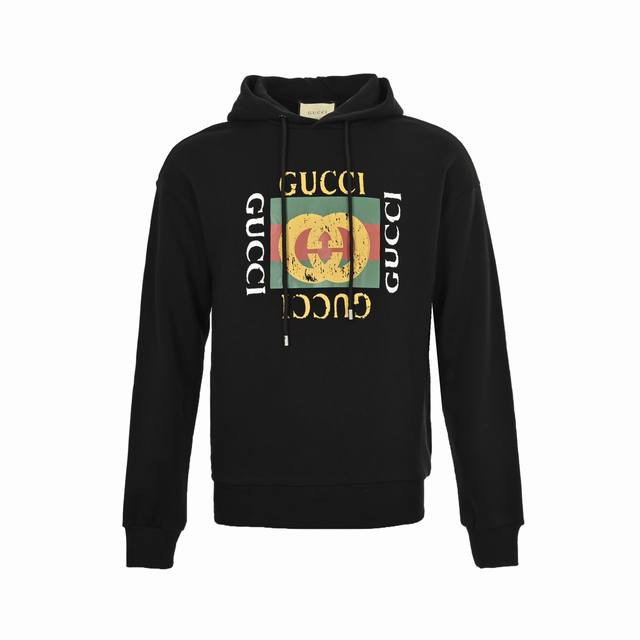 Gucci 古驰 经典方块Logo做旧连帽卫衣 第一时间购入Zp操作，采用定织定染21支交织 32支420G平纹纯棉面料 内里小毛圈 1:1同缸定染螺纹全棉定纺