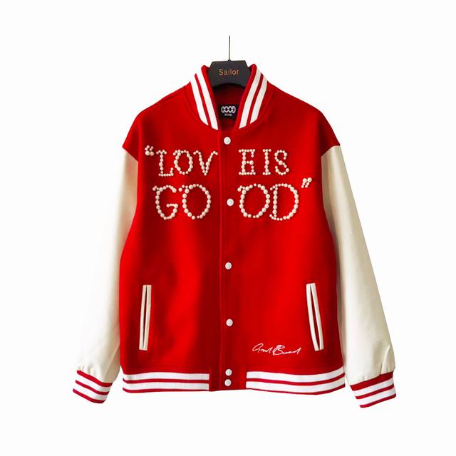 实拍细节图+尺码表 Goodbrand Love Is Good经典珍珠标语拼色棒球服男女同款夹克外套。Kc034 颜色：黑色、红色。 尺码：S、M、L、Xl