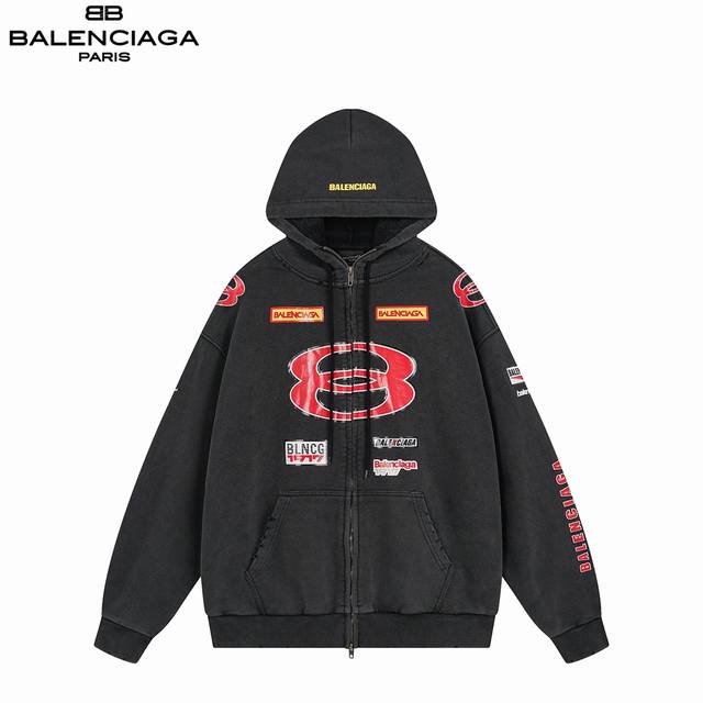 Balenciaga 巴黎世家 25Fw赛车服系列连帽外套 水洗多位磨烂做旧拉链开衫连帽卫衣。砖柜同步.面料采用巴黎Zp定织定染全棉大卫衣。克重 克，布面干净.