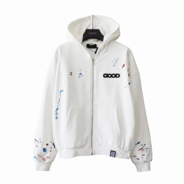 实拍细节图+尺码表 Gb-Goodbrand 糖果刺绣泼墨开衫连帽卫衣 男女同款，500克重磅纯棉面料，原版1：1 颜色：黑色，白色。Kq032 尺码：S. M