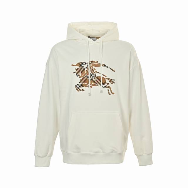 Burberry 巴宝莉 25Fw 格纹战马贴布刺绣连帽卫衣 *客供定制宽松版型 采用420克纯棉毛毛圈面料质感很好，柔软不易起皱，薄厚度适中，非常适合春天和浅