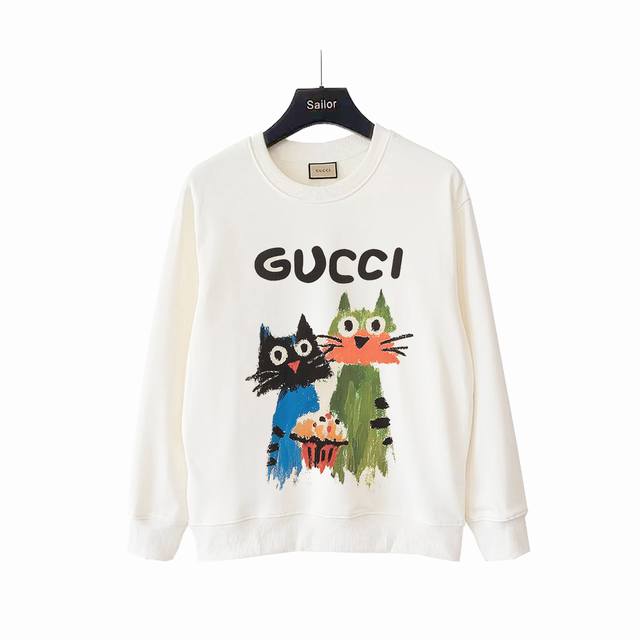 实拍细节图+尺码表 Gucci 古驰 卡通趣味幸福的猫圆领卫衣 Gucci新品！秋冬系列高克重卫衣 选用客供定制针织100%纯棉面打造,面料手感细腻，厚实有质感