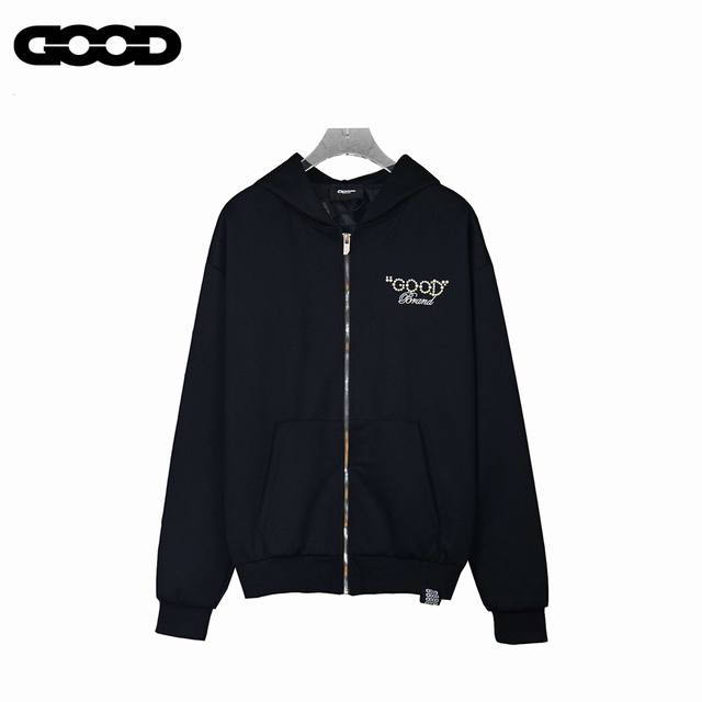 Goodbrand25Ss珍珠标语拉链开衫连帽外套 男女同款 面料：采用480克空气层曼巴棉 高质量克重！不变形 不缩水 贴近肌肤 上身百搭 官网原版购入打版