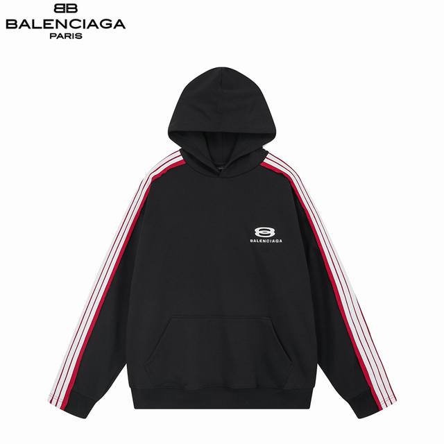 Balenciaga 巴黎世家 25Fw 拼接织带连帽卫衣 独家定织 G双纱毛圈面料 奶油灰色订染大身配套罗纹 订做五坑条拼接通肩工艺织带 双环字母百灵达进口绣