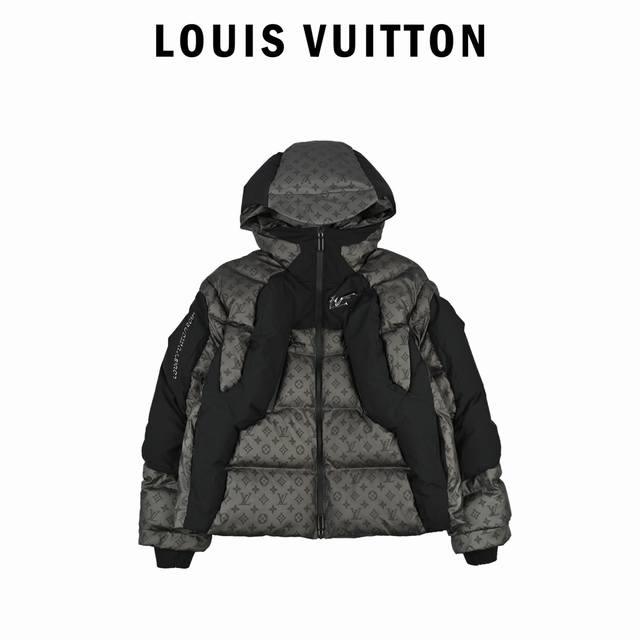 Louis Vuitton路易威登老花温感羽绒服 此款羽绒夹克采用热敏和水敏科技面料将经典的老花元素铺满，将Lv3D标识和Lv2054标志放在胸前和右袖 搭配橡