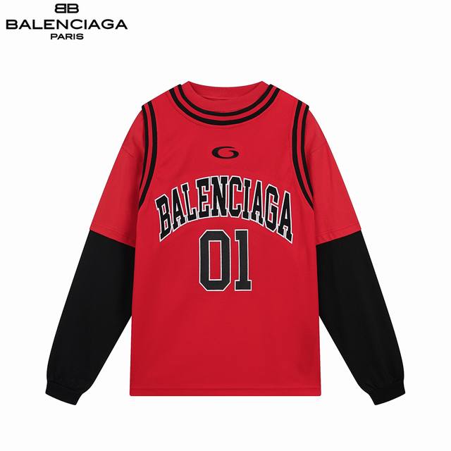 Balenciaga 巴黎世家 25Fw篮球球服拼接卫衣 假3件套绣花印花长袖T恤。背心采用网布。前面刺绣釆用田岛电脑绣花机贴布刺绣加印花，后片印花。超重工艺。