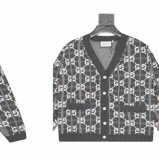 古驰 Gucci Logo提花开衫针织毛衣 这是意大利奢侈品牌古驰 Gucci 的一款针织开衫，设计特点如下： 品牌标识设计：满幅采用品牌标志性的双G图案，结合