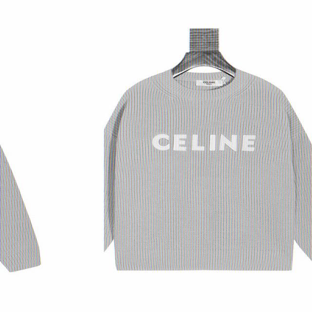赛琳 Celine 字母刺绣圆领针织毛衣 品牌标识设计：正面以白色刺绣工艺呈现品牌名称“Celine”，字体采用弧形排列的美式复古风格，精致且富有辨识度，是品牌