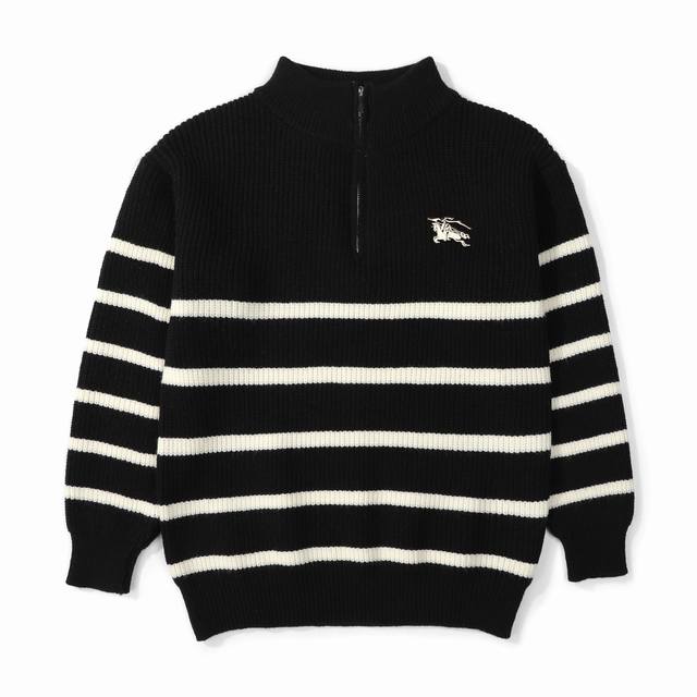 供 Burberry巴宝莉战马绣标条纹半拉链针织毛衣 定制主标 辅料 水洗齐全 品牌精密刺绣标 原单品质秋冬必入！定织定染Yb一致羊毛混纺面料 合身保暖 柔软舒