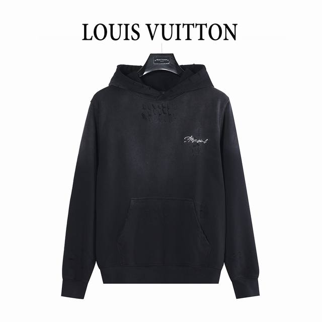 Louis Vuitton 路易威登 25Fw 后背花卉字母刺绣水洗破洞连帽卫衣 采用双股双纱430克纯棉卫衣面料 面料采用双股并线加捻的织造 比单股纱线强度提