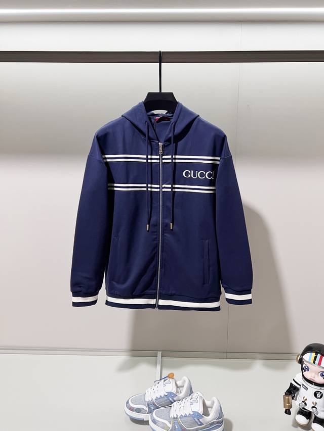 Gucci 古驰 定制面料套装拉链连帽外套 运动风蓝白织带刺绣字母Logo工艺标识 官方同步 高版本 高品质 时尚个性 百搭潮流 纯原品质 原版面料 吊牌 领标
