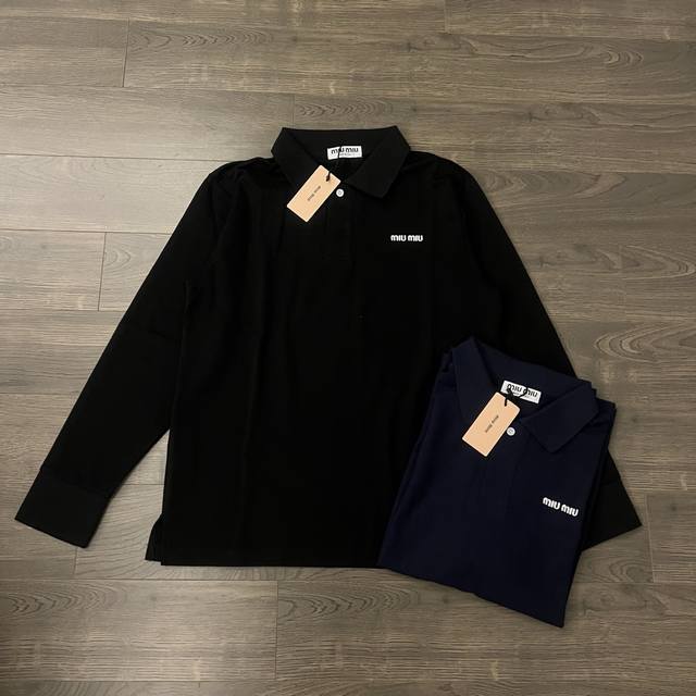 Miu Miu 缪缪 24Ss 专柜新款徽标Logo字母刺绣情侣翻领长袖T恤Polo衫-顶级原单版本 Color：藏青色 黑色 Size：S M L Xl Nu