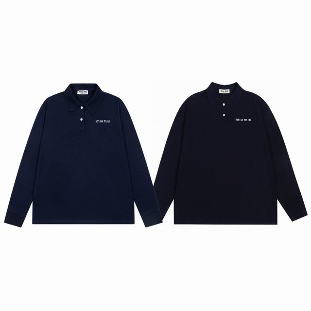 Miu Miu 缪缪 24Ss 专柜新款徽标Logo字母刺绣情侣翻领长袖T恤Polo衫-顶级原单版本 Color：藏青色 黑色 Size：S M L Xl Nu