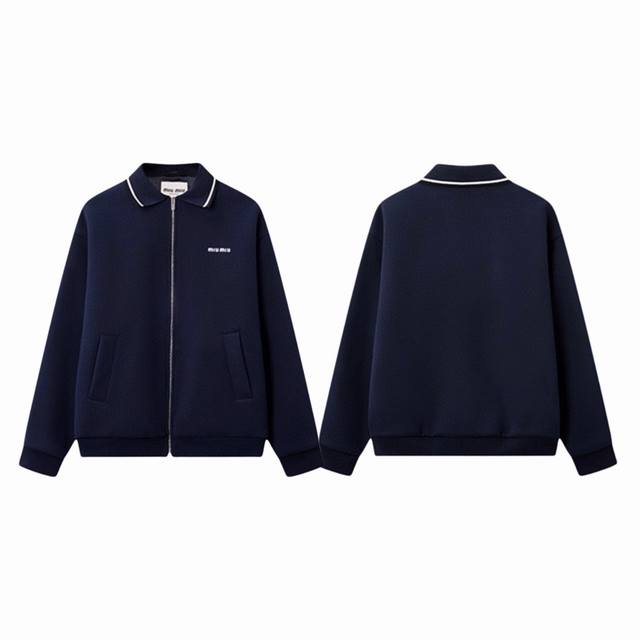 Miu Miu 缪缪 25Ss 徽标小Logo字母刺绣情侣翻领珠地布拉链飞行夹克外套-顶级原单版本 Color：藏青色 Size：S M L Xl Number