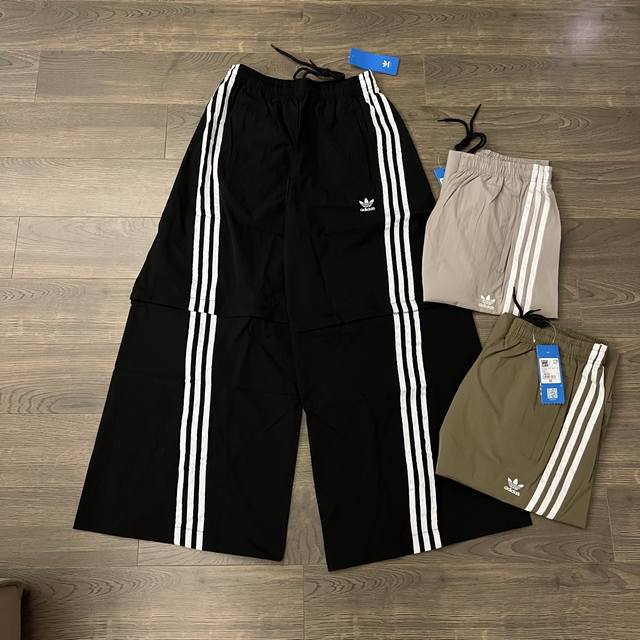 Adidas 阿迪达斯三叶草 经典三道杠刺绣小标情侣可拆卸休闲阔腿裤-顶级原单版本 Color：黑色 灰色 绿色 Size：S M L Xl Xxl Numbe