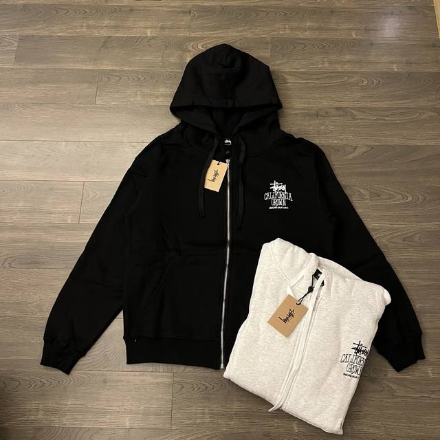 Stussy 斯图西 25Fw Cali Grown Zip Hoodie后背英文印花情侣连帽加绒拉链卫衣-市场最高品质 Color：灰色 黑色 Size：S