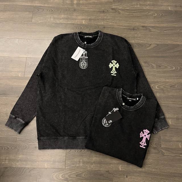 Chrome Hearts Ch 克罗心 荧光十字架印花做旧情侣圆领卫衣-顶级版本 Color：做旧黑 Size：S M L Xl Number：2500125