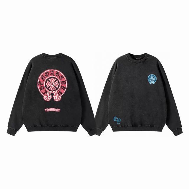 Chrome Hearts Ch 克罗心 红蓝马蹄印花做旧情侣圆领卫衣-顶级版本 Color：做旧黑 Size：S M L Xl Number：2500123
