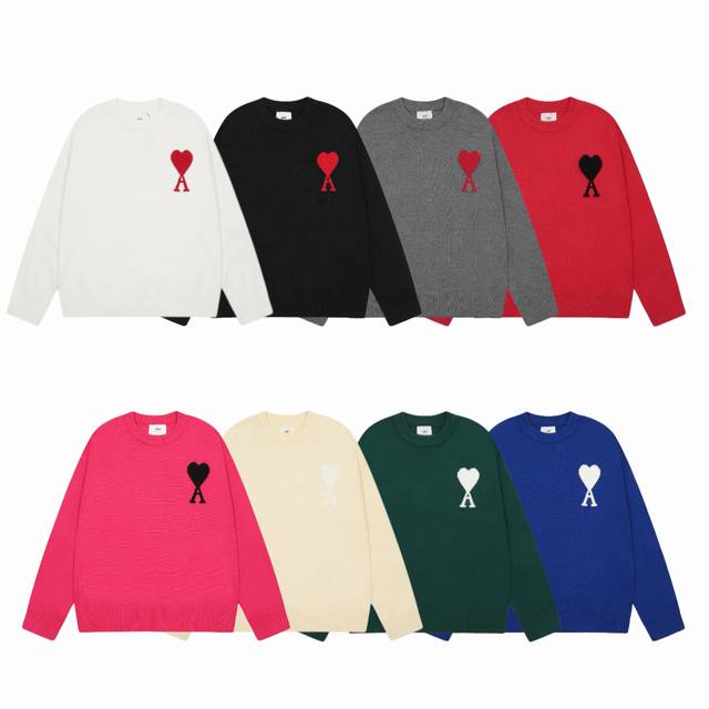 Ami Papis 艾米 经典大 A 爱心提花情侣针织 圆领长袖毛衣-顶级原单版本 Color：黑色 白色 灰色 红色 玫红 杏色 墨绿 克莱因蓝 Size：S