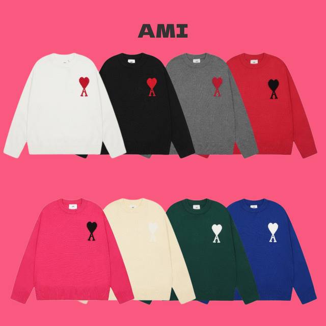 Ami Papis 艾米 经典大 A 爱心提花情侣针织 圆领长袖毛衣-顶级原单版本 Color：黑色 白色 灰色 红色 玫红 杏色 墨绿 克莱因蓝 Size：S