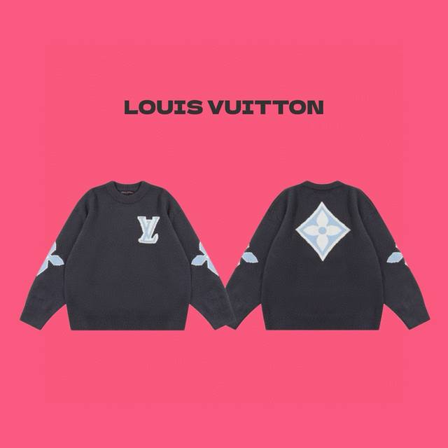 Louis Vuitton Lv 路易威登 24Ss 秀场限定滑雪系列四叶草袖标 Logo 提花情侣针织圆领毛衣-顶级原单版本 Color：蓝灰色 Size：S