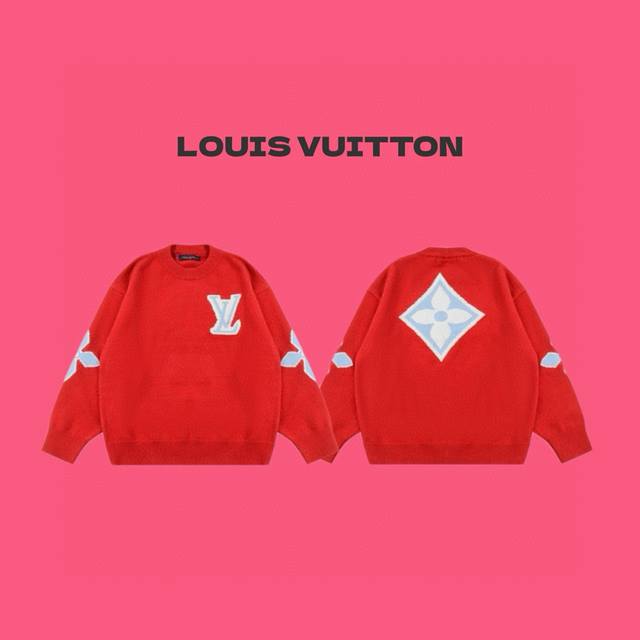 Louis Vuitton Lv 路易威登 24Ss 秀场限定滑雪系列四叶草袖标 Logo 提花情侣针织圆领毛衣-顶级原单版本 Color：新年红 Size：S