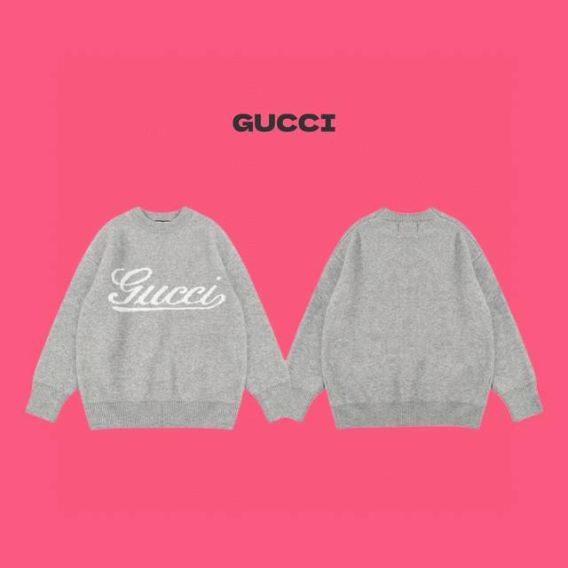 Gucci 古驰 24Ss 签名字母 Logo 白色提花嵌花情侣宽松圆领针织毛衣-顶级版本 Color：灰色 Size：S M L Number：249023