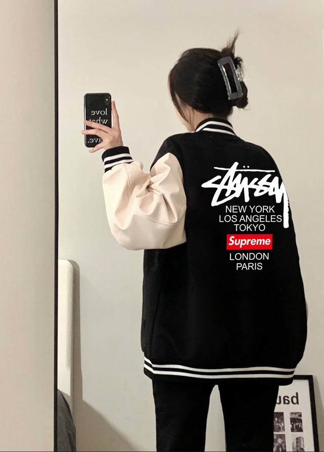 Stussy X Supreme 斯图西联名Sup春秋季宽松夹克棒球服外套 官网发售｜超强版型｜男女同款 精选垂感一流复合双层南韩丝高级面料 手感超棒 丝滑垂坠