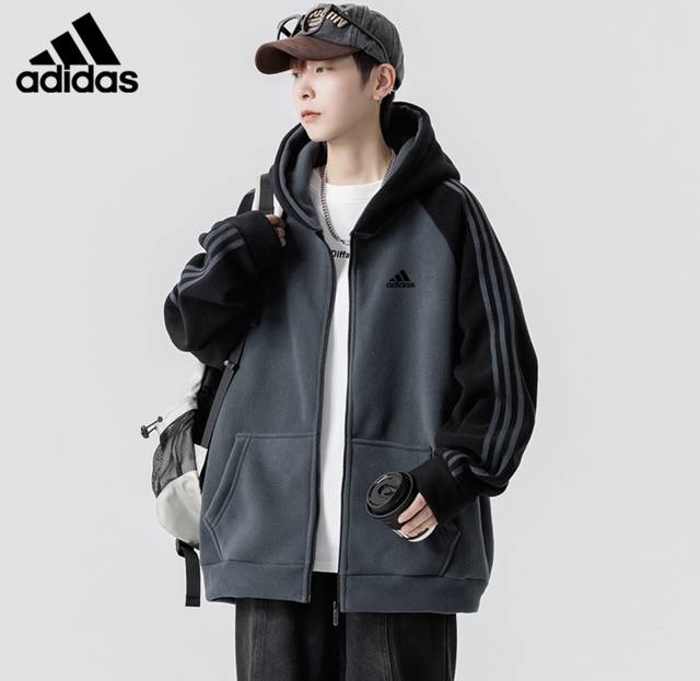 供 现货可主推秋季新款男女同款开衫外套阿迪达斯Adidas重磅港风卫衣青少年男生摇粒绒夹克学生连帽三条杠外套 颜色：黑色 深灰色 尺码：M-4Xl 图9 成分：
